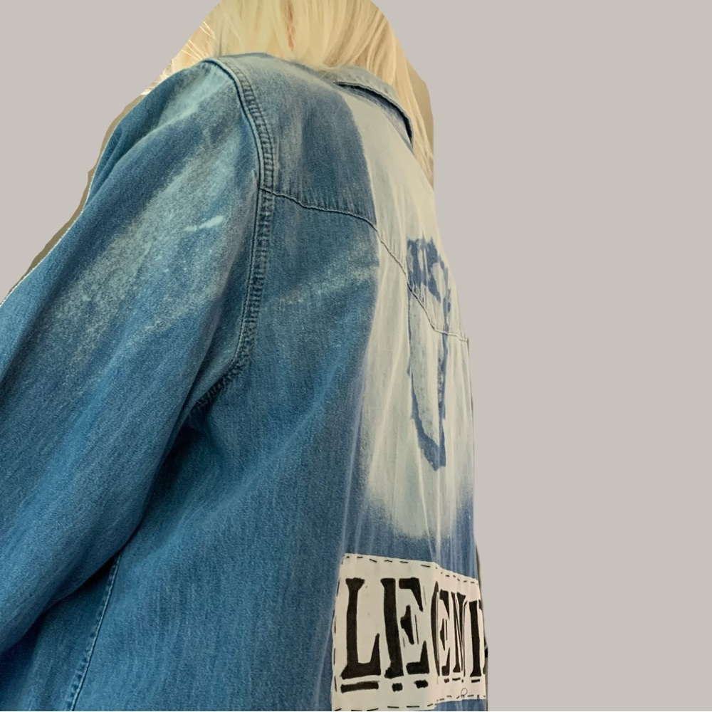 Upcycled Denim bleached Bigfoot or Sasquatch footprint button down shirt. - Picture 6 of 14
